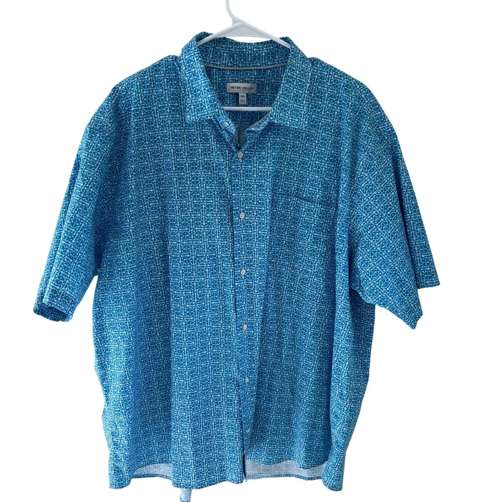 Peter Millar Men's Fish Bones Print Blue Short Sleeve Shirt XXL